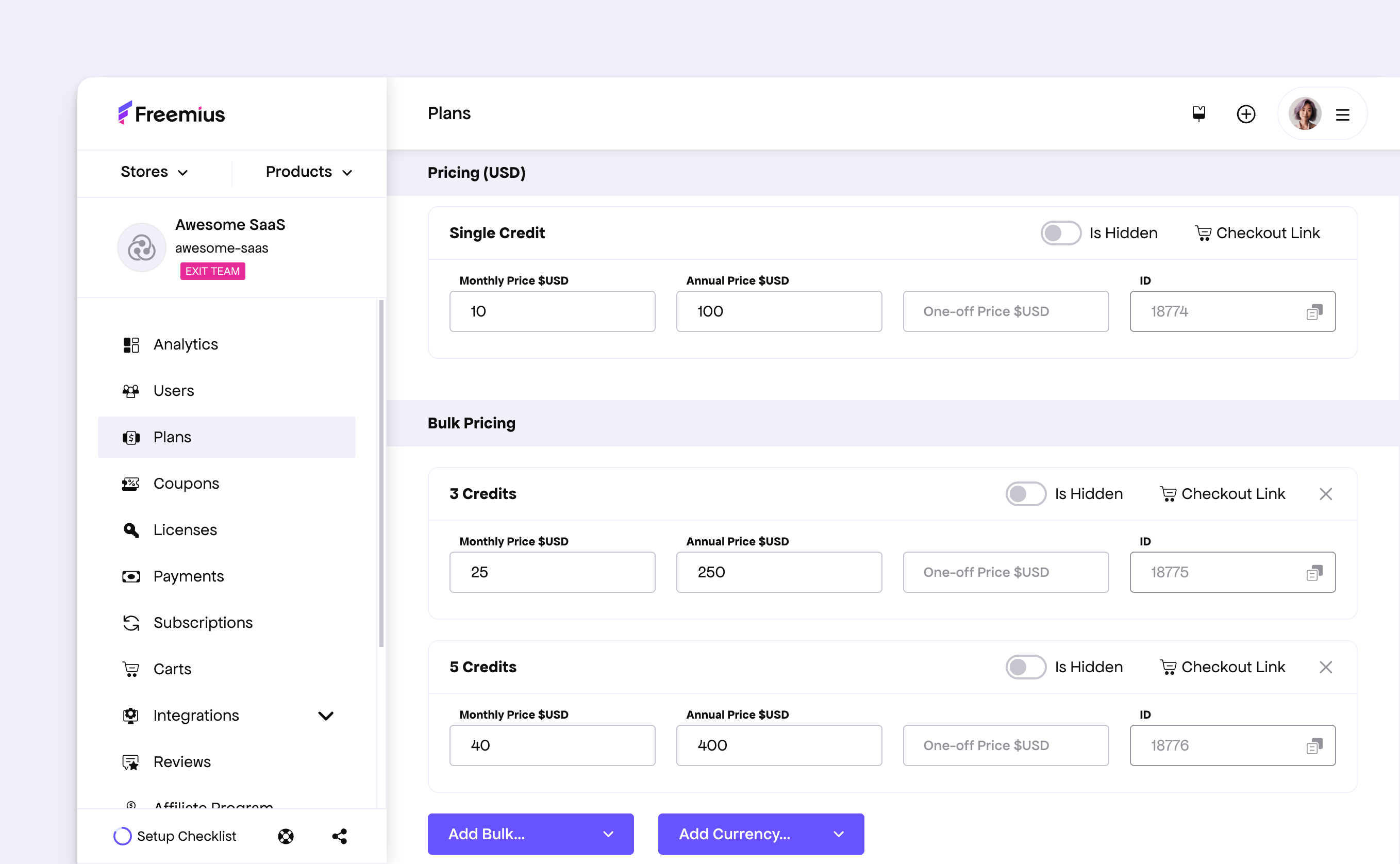 Freemius sample product pricing for automatic discount