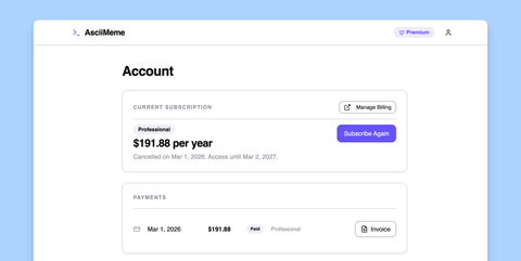 Accounts page with no subscription