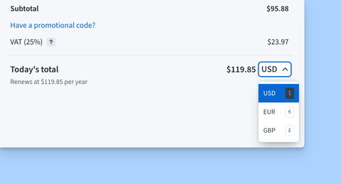 Currency picker near the total line item