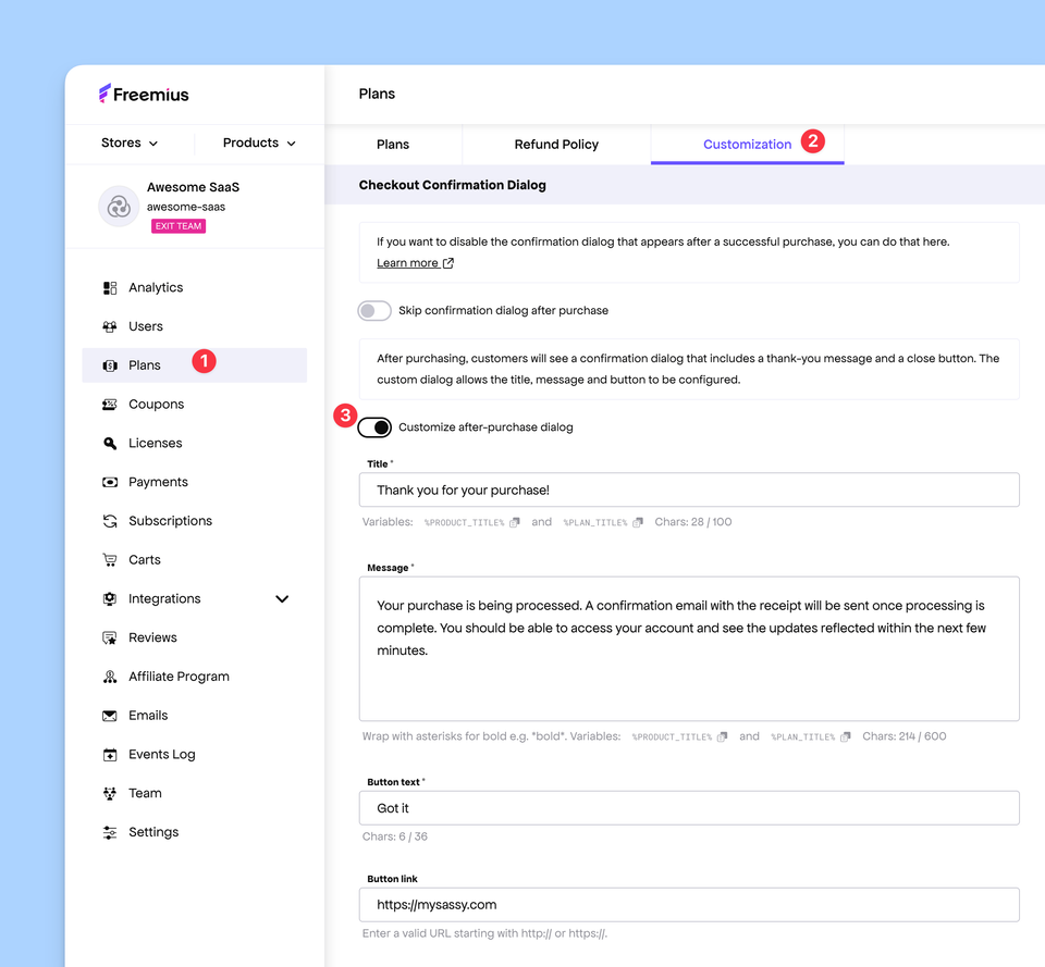 Customizing the After Purchase Confirmation Dialog | Freemius Documentation