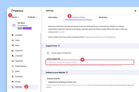 Customize Support page link Freemius Developer Dashboard