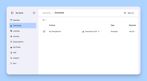 Freemius Customer Portal Download page with template zip