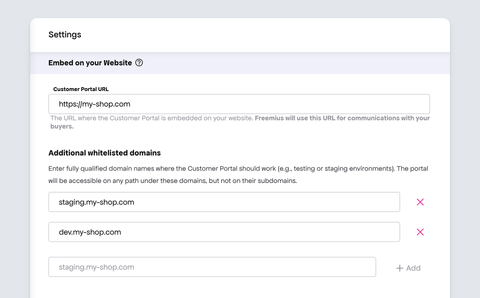 Freemius customer portal - Store settings showing the customer portal URL options