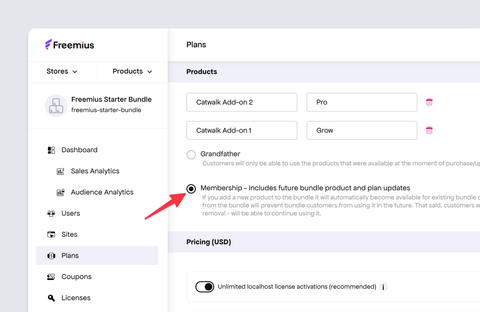 Freemius Dashboard - Membership Plan Type