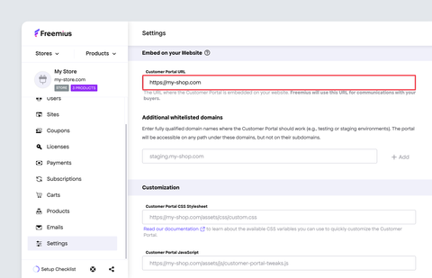 Freemius customer portal - Store settings showing the customer portal URL options