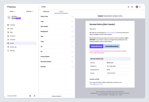 Freemius Developer Dashboard - Email style customization tool