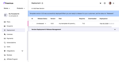 Freemius developer dashboard - Templates pre-release version zip upload