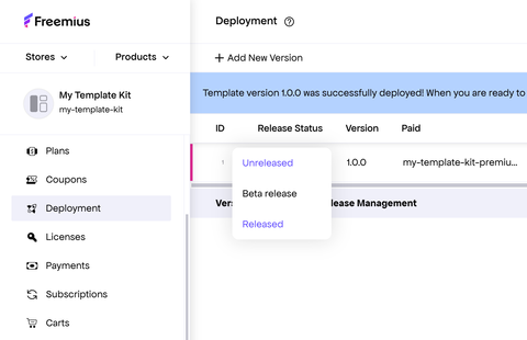 Freemius developer dashboard - Templates change the status from Unreleased to Released