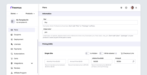 Freemius developer dashboard - SaaS plans pricing