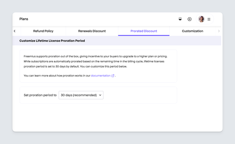 Freemius developer dashboard - Set prorated discount for Templates