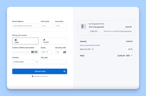 Freemius checkout displaying Template plans