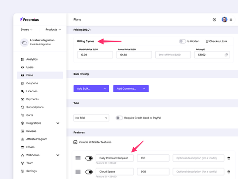 Setup pricing and features