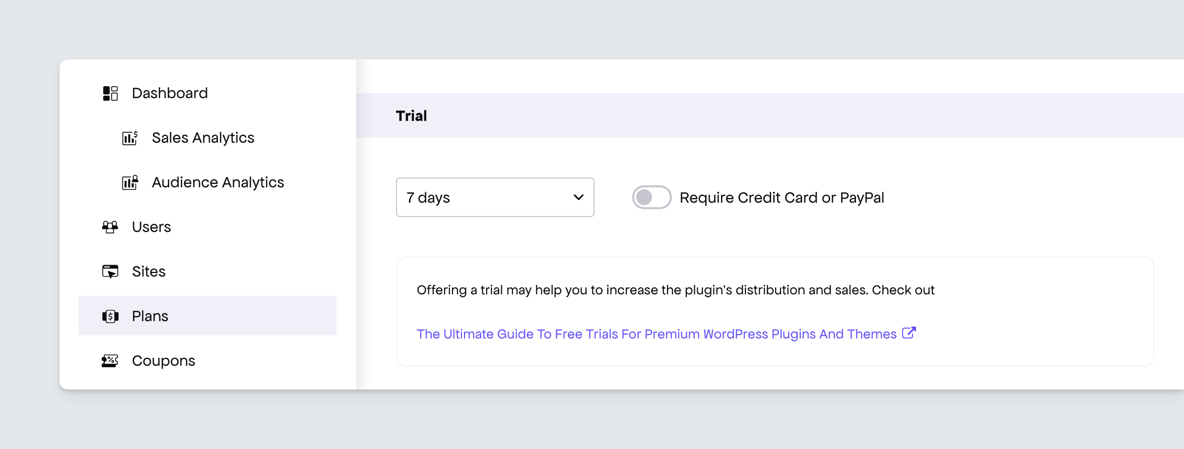 Freemius Dashboard - Activating the trials option in a plan&#39;s settings