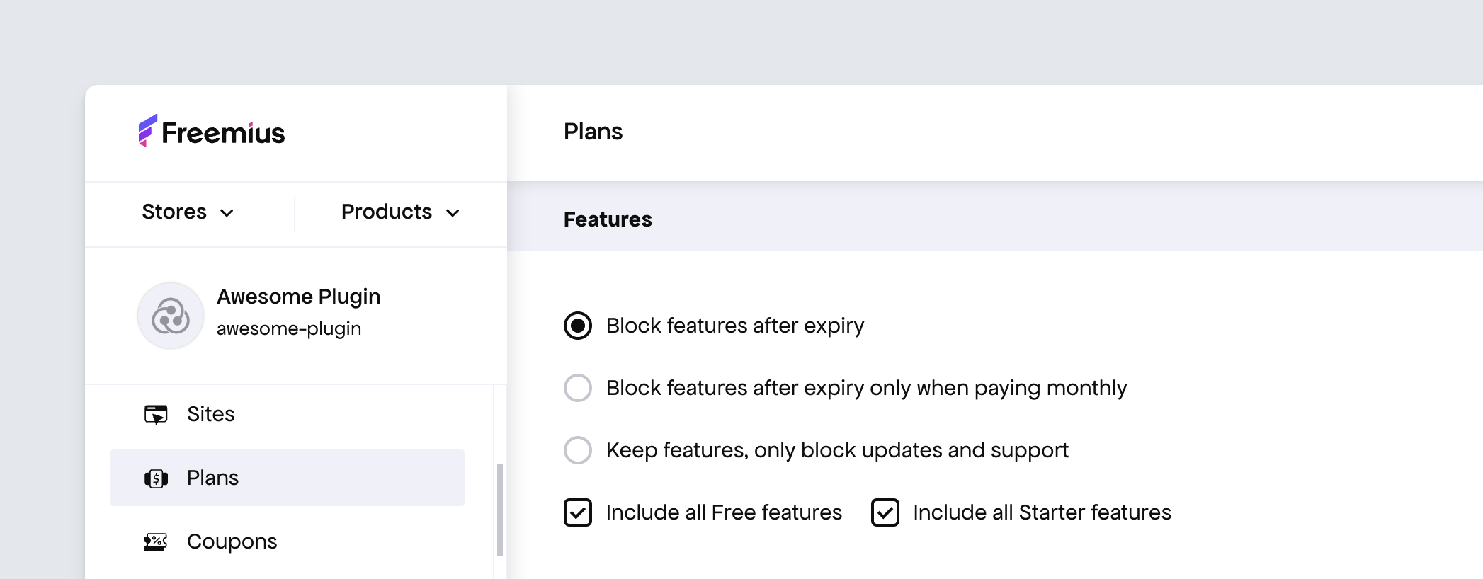 Freemius Developer Dashboard - marking plan non-blocking features