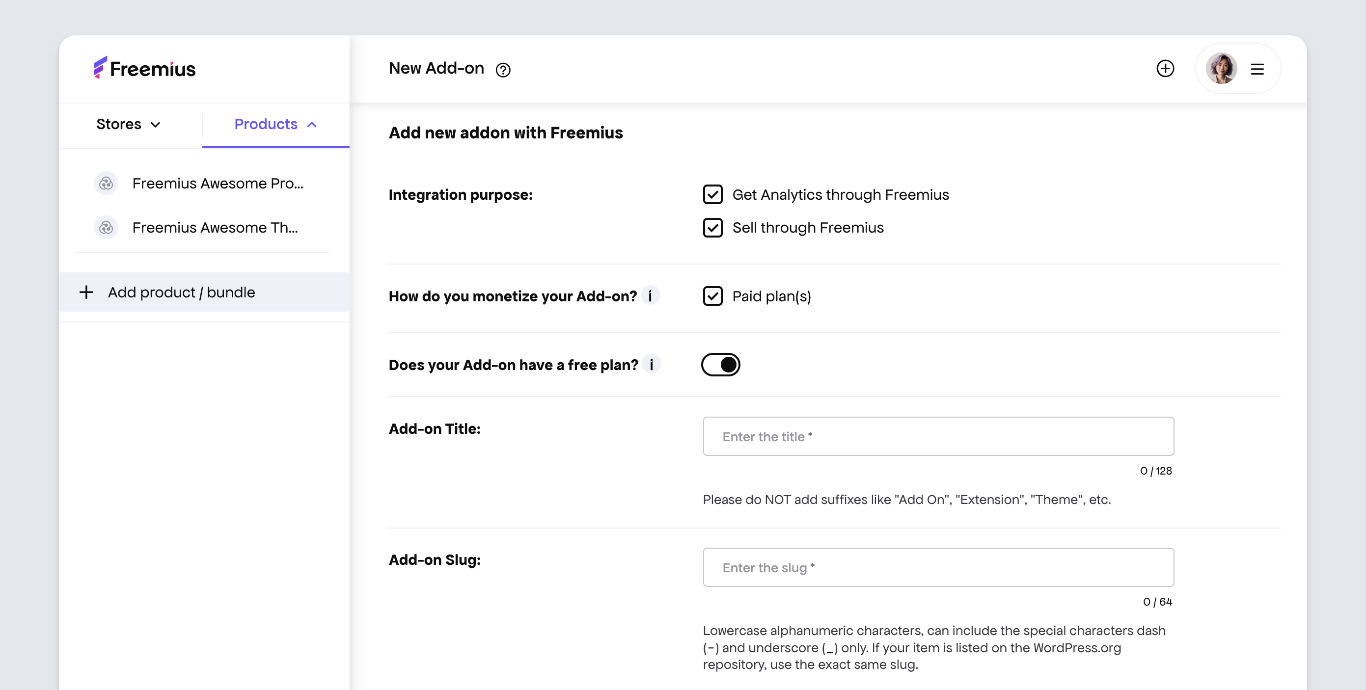 Freemius developer dashboard - add-on product setup settings