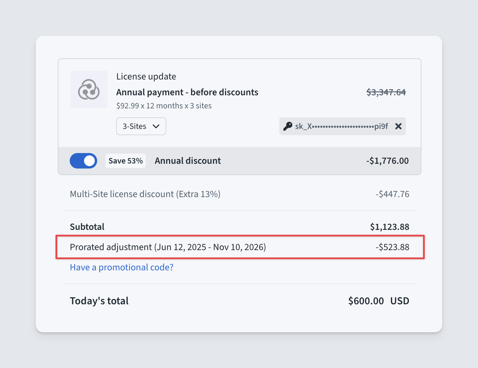 Freemius checkout - pricing subtotal with a prorated discount and time range