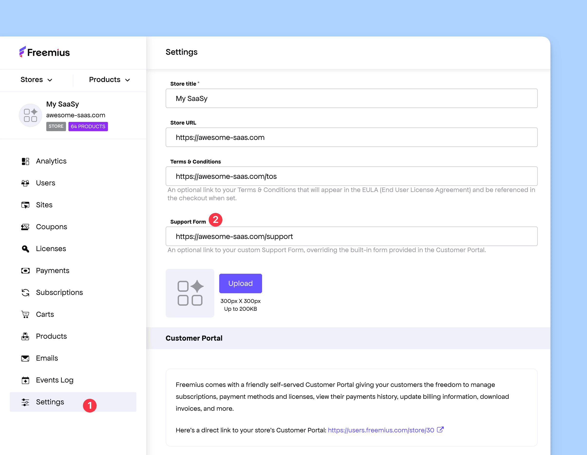 Customize Support page link Freemius Developer Dashboard