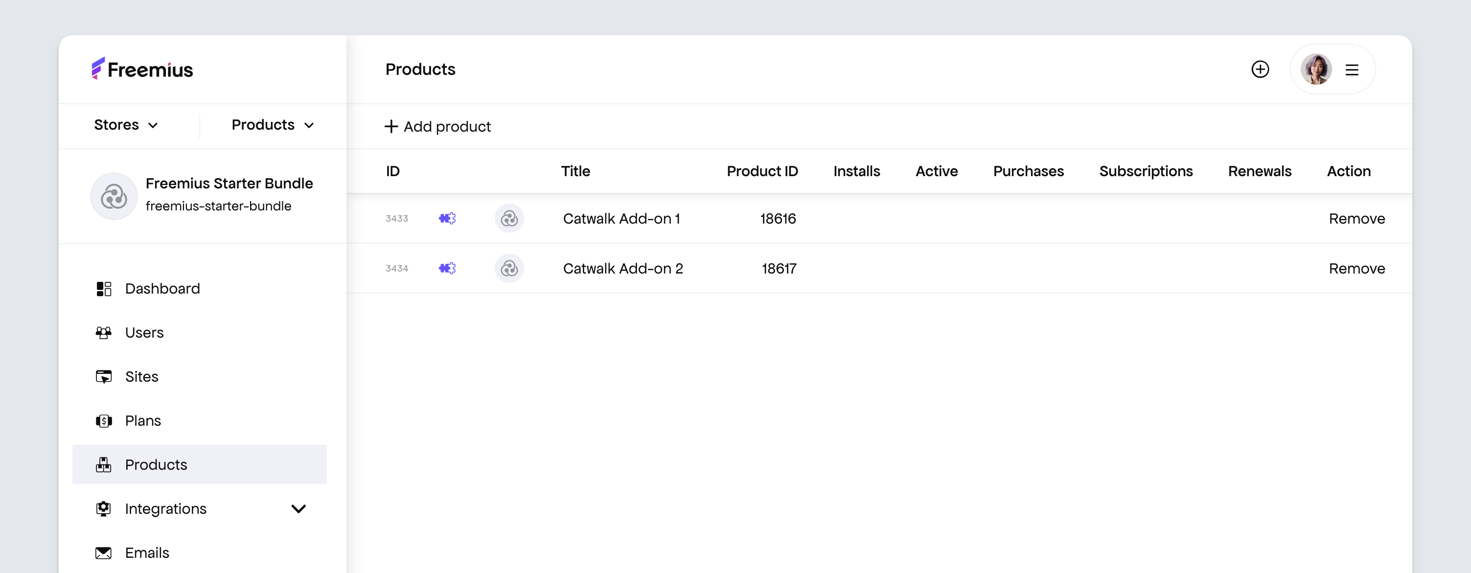 Freemius Dashboard showing the collection of addons in bundle product