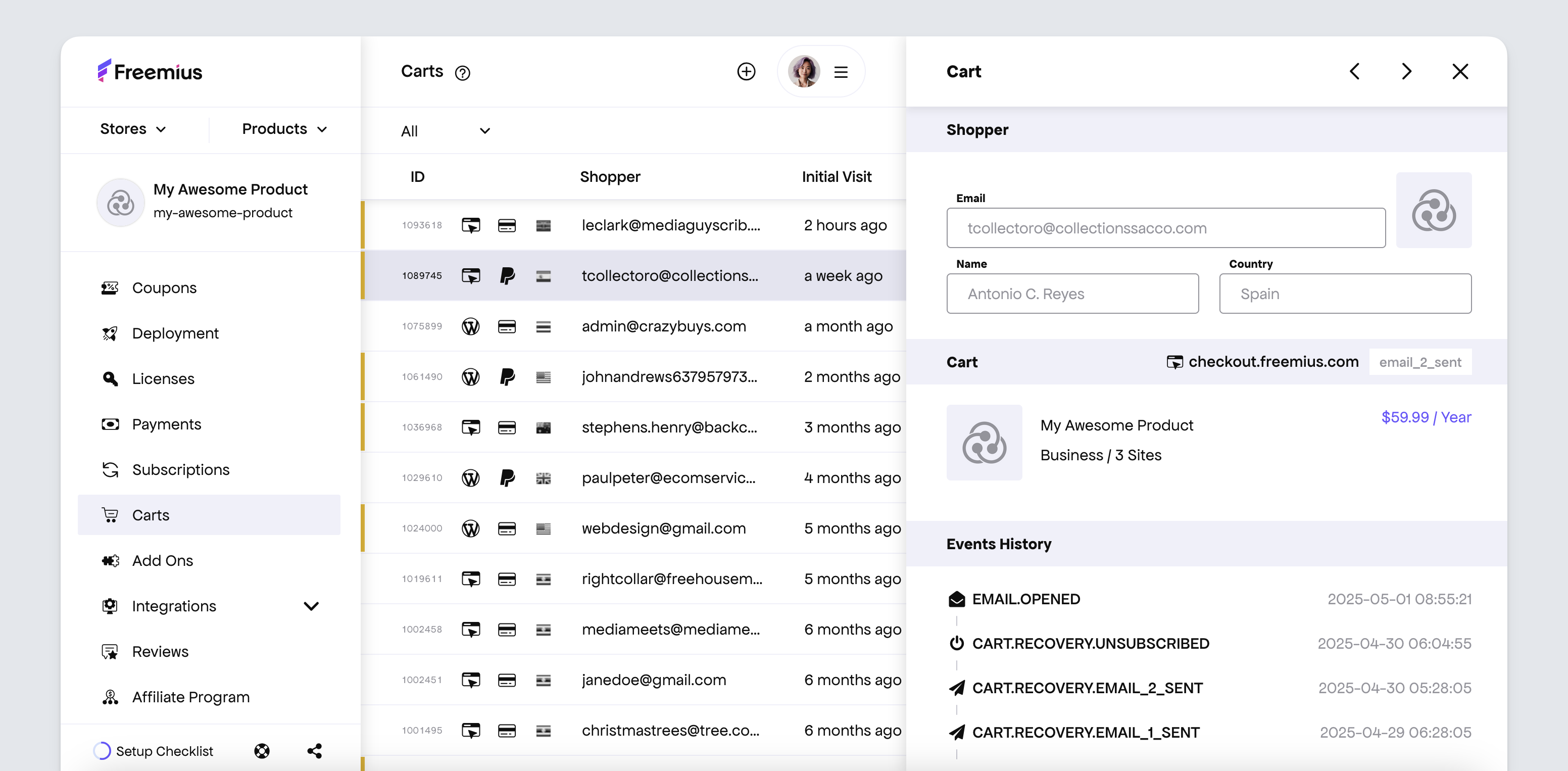 Freemius Dashboard Carts Management