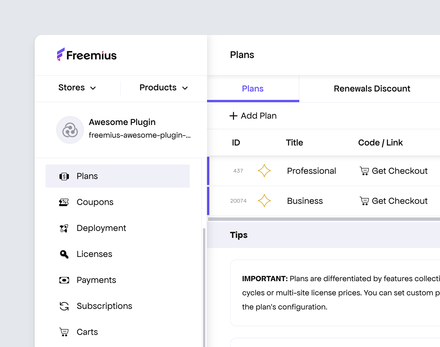 Freemius Dashboard Get Checkout Code Button