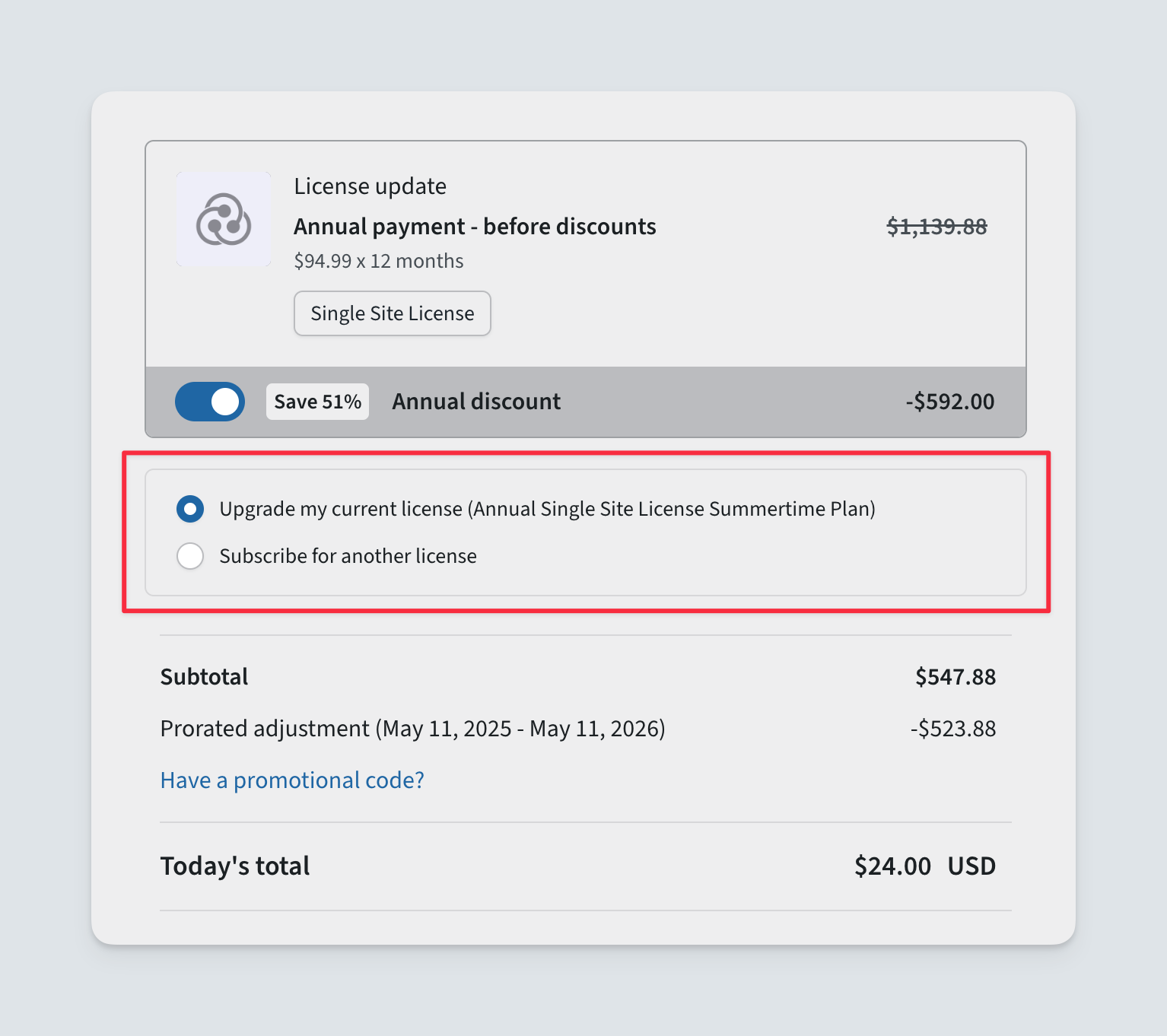 Freemius SDK - options to upgrade or buy new license on checkout
