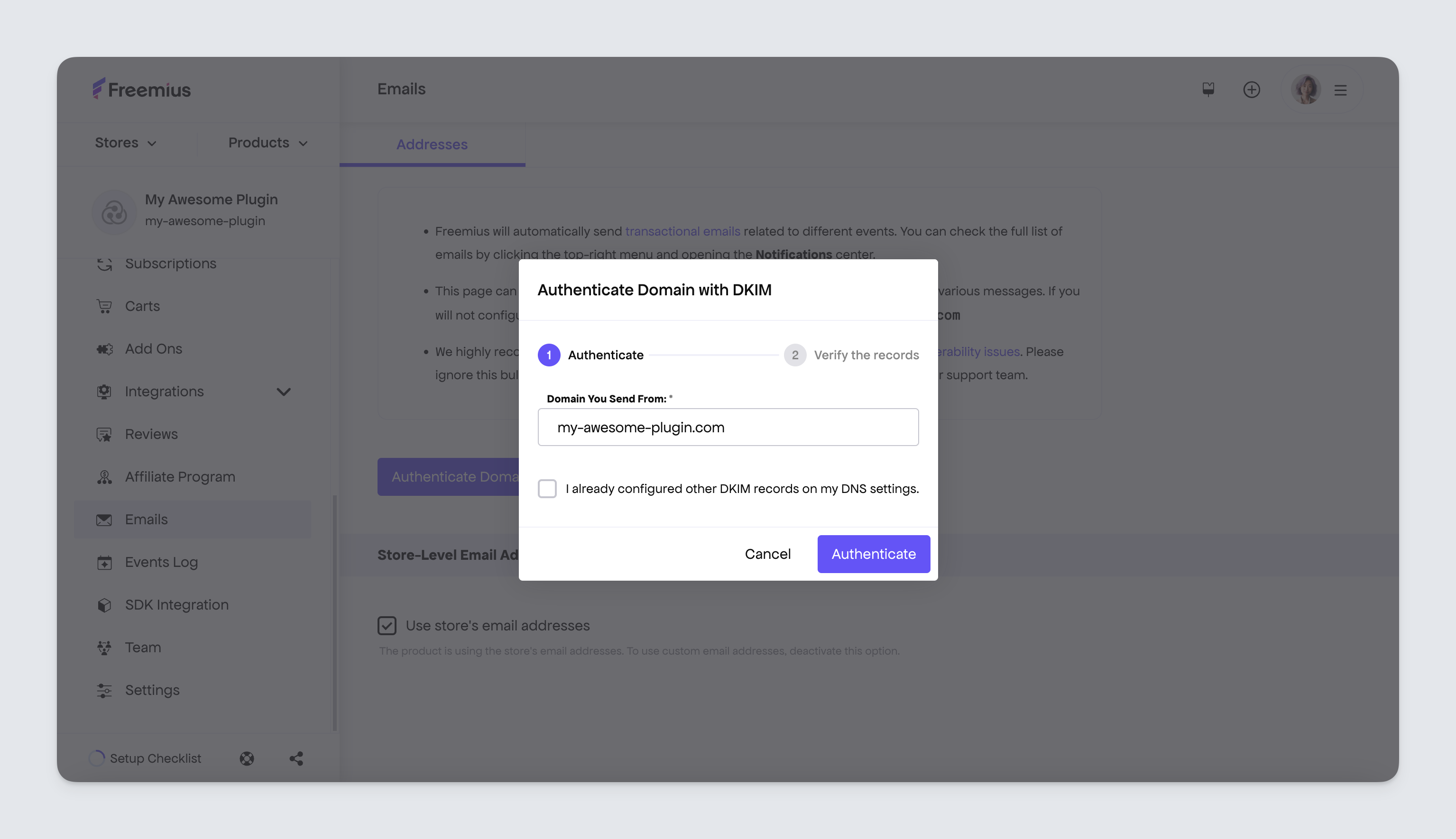 Freemius developer dashboard - DKIM authentication dialog box form with a domain field.