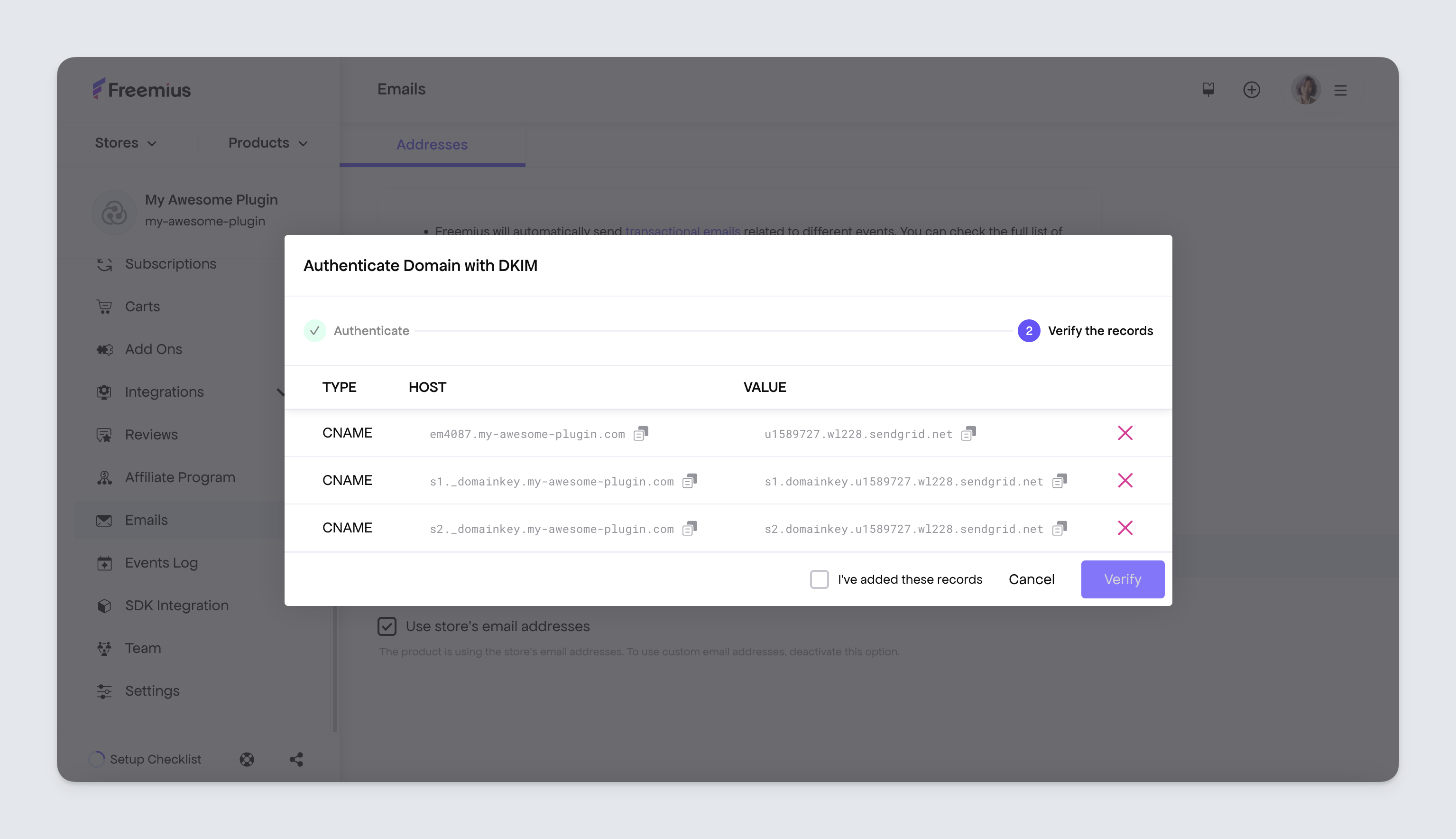 Freemius developer dashboard - SendGrid generated CNAME records to add to your host&#39;s DNS