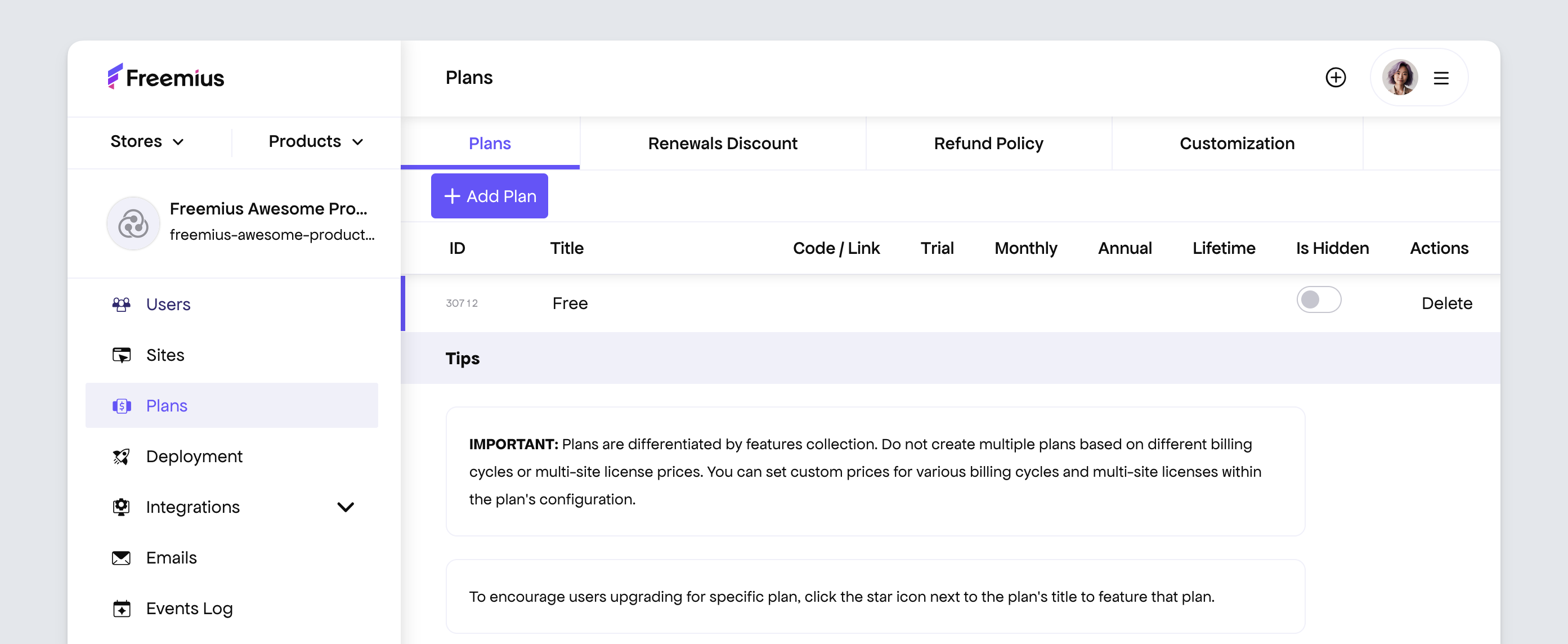 Freemius Dashboard Plans Menu Item