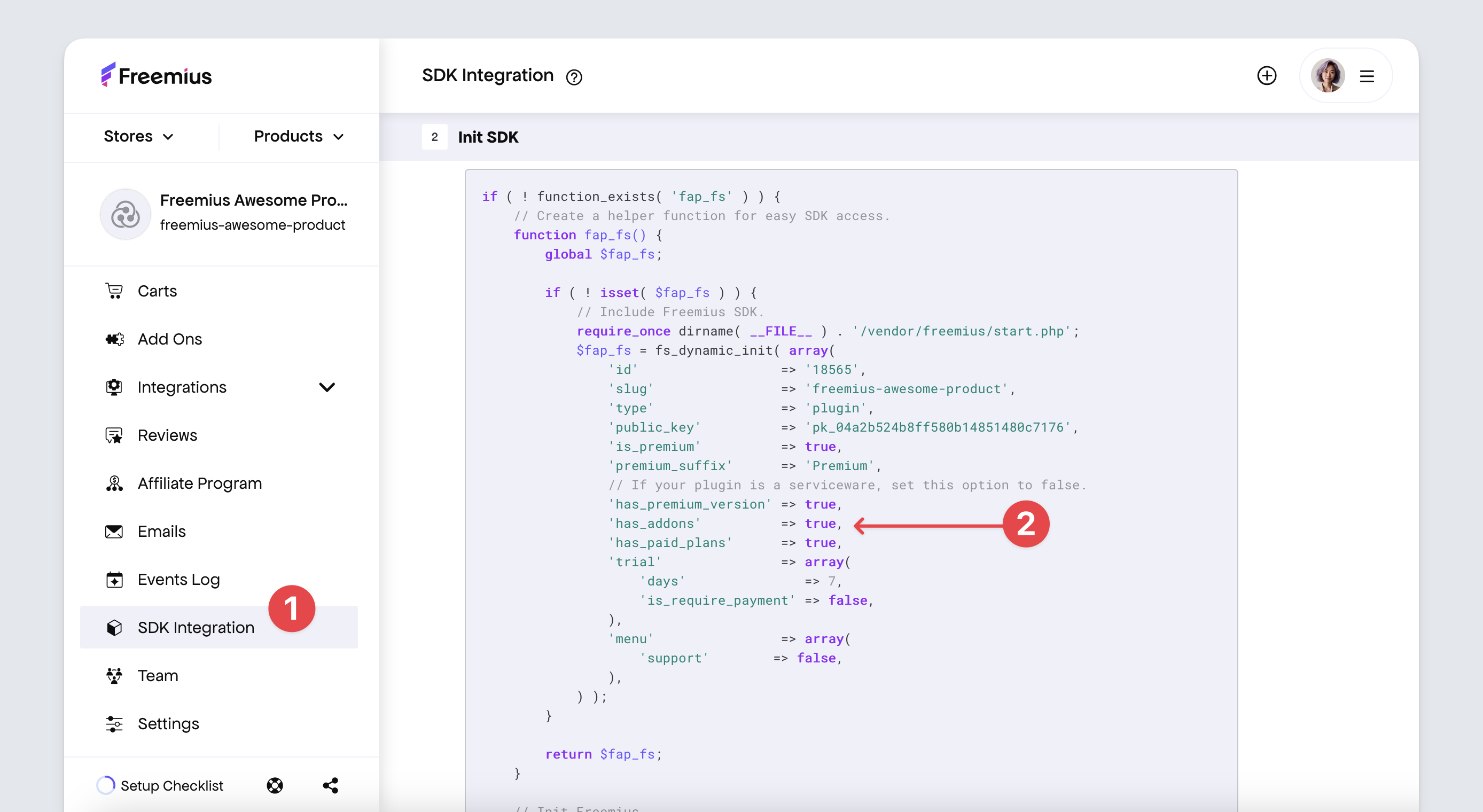 Freemius Dashboard SDK Integration Menu Item