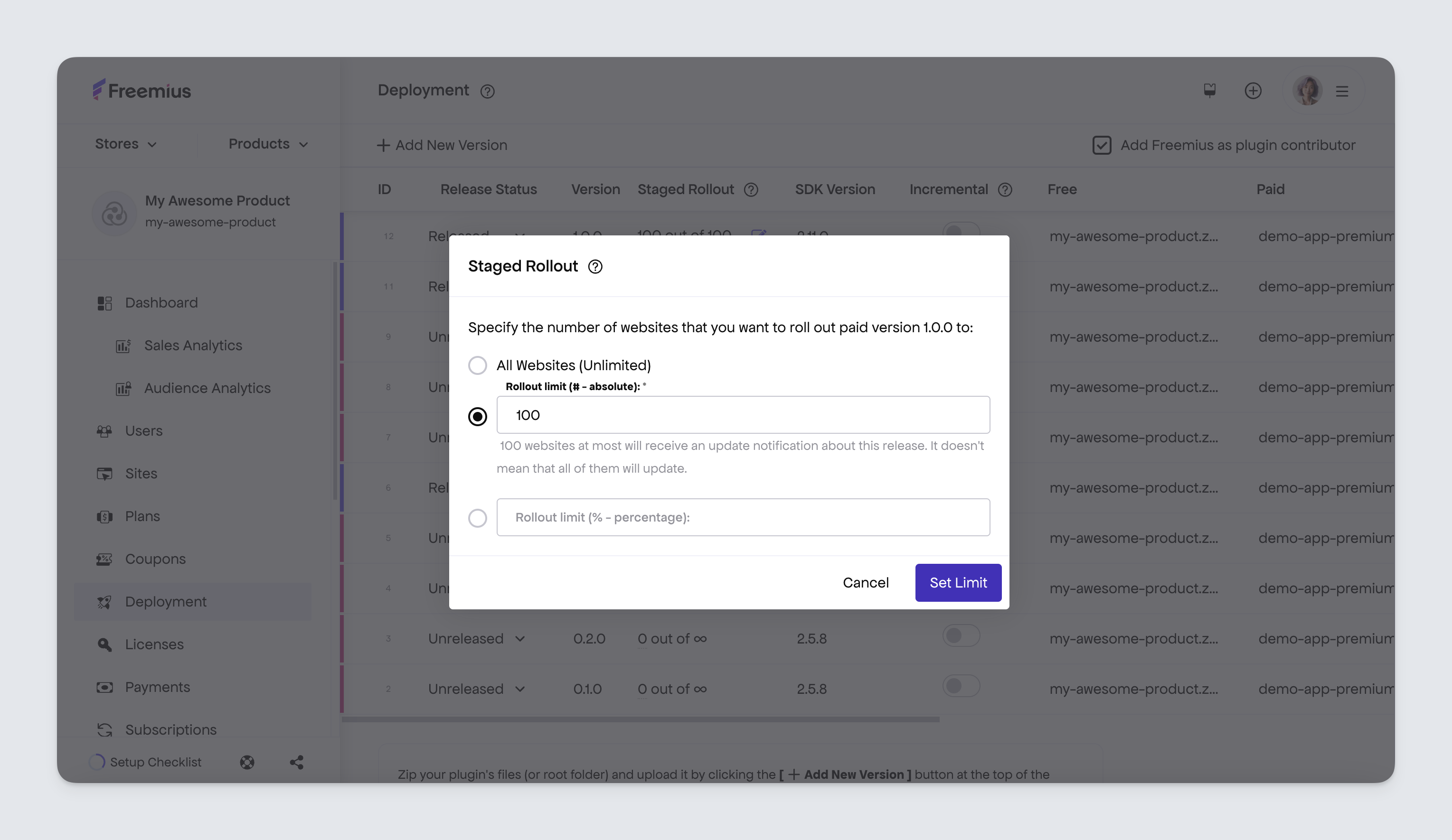 Freemius developer dashboard - staged rollout update options dialog box