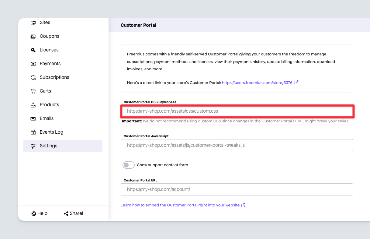 Freemius developer dashboard - custom customer portal stylesheet url setting option
