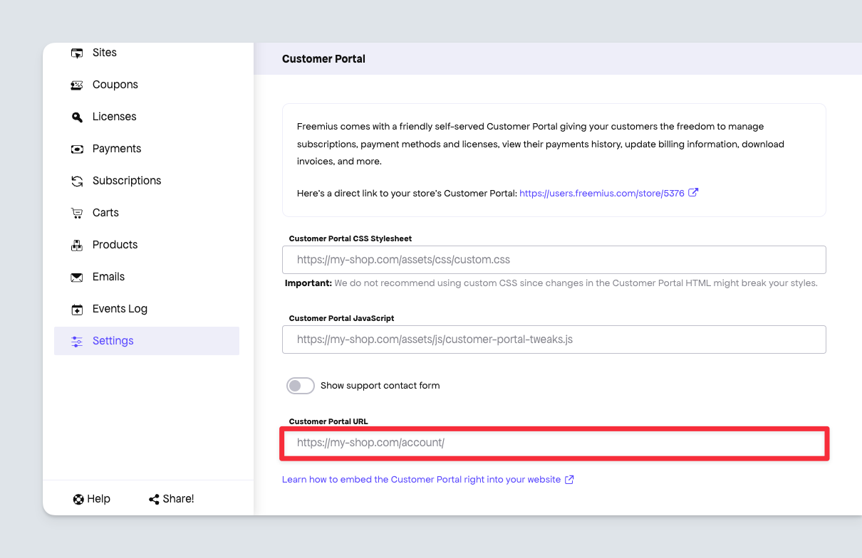 Freemius customer portal - Store settings showing the customer portal url options