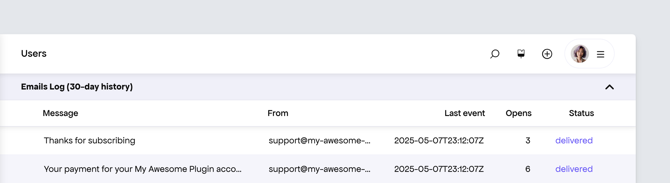 Freemius Dashboard - User Profile - Emails Log - Delivered