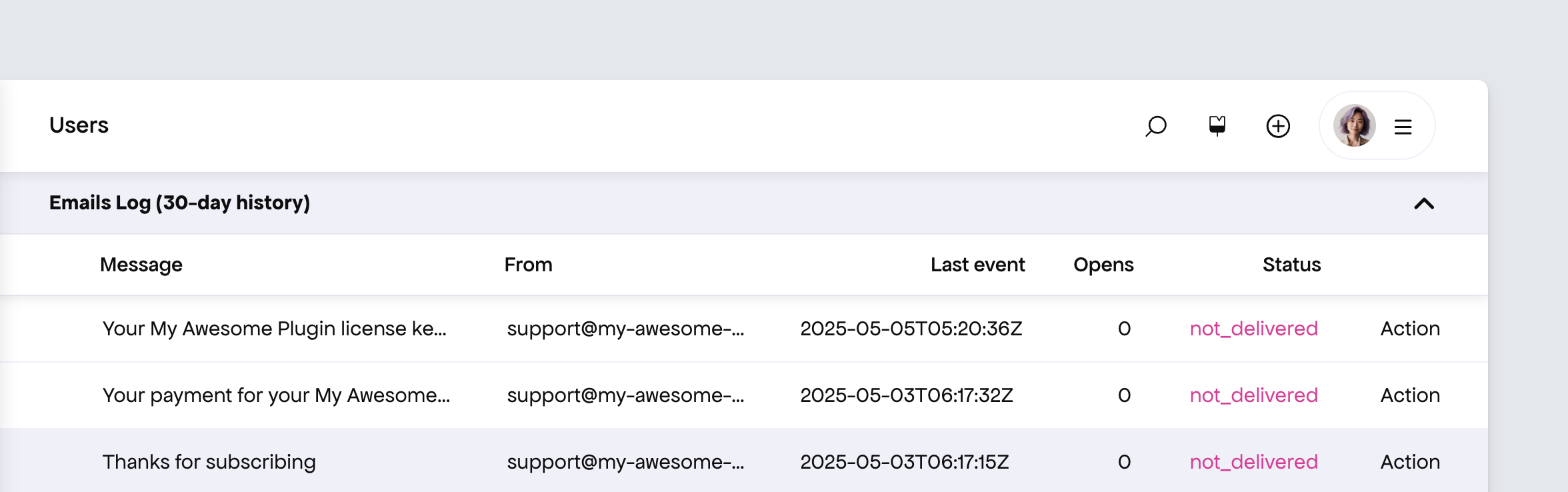 Freemius Dashboard - User Profile - Emails Log - Not Delivered
