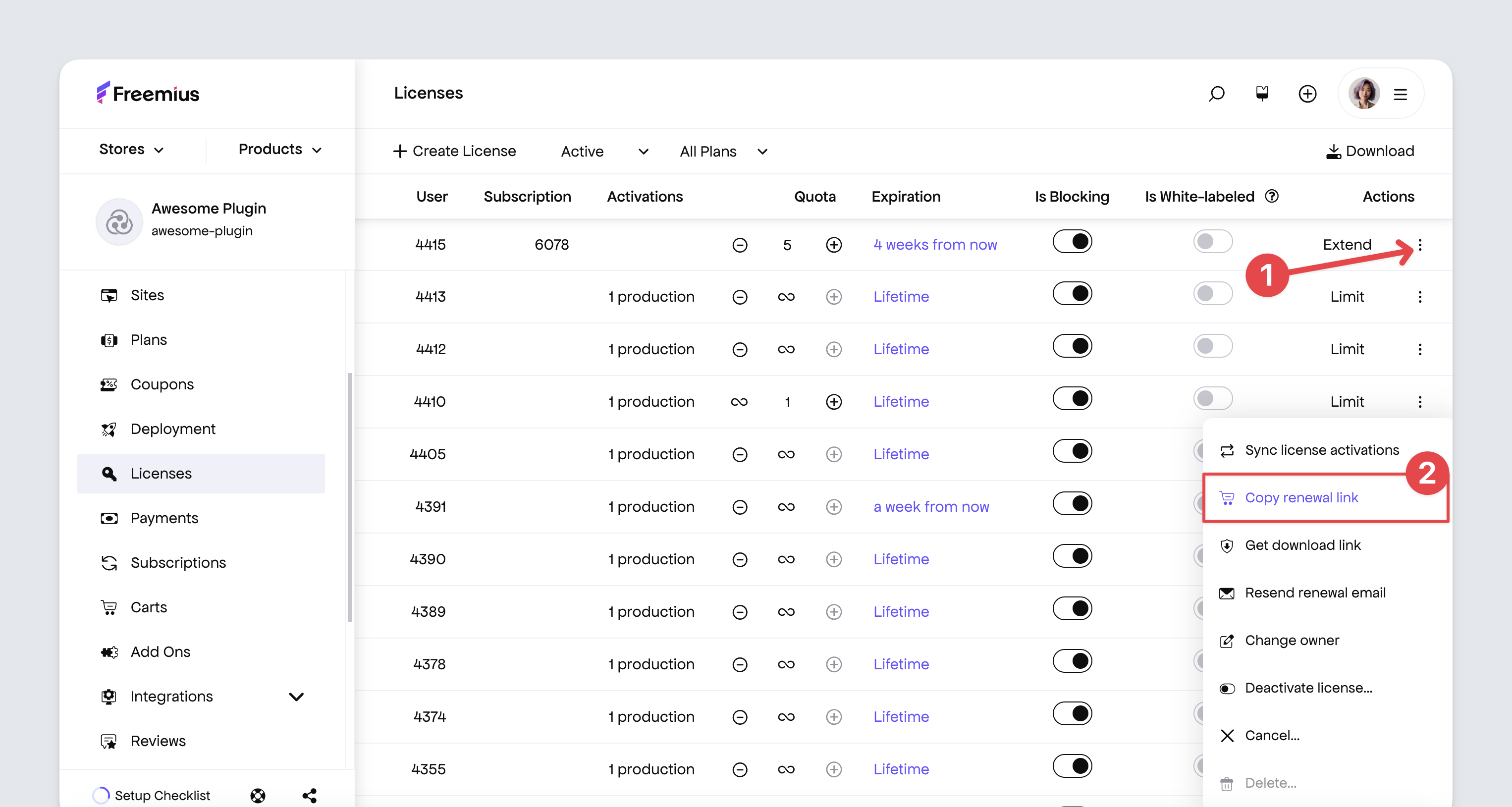 Freemius Developer Dashboard - Copy license renewal link