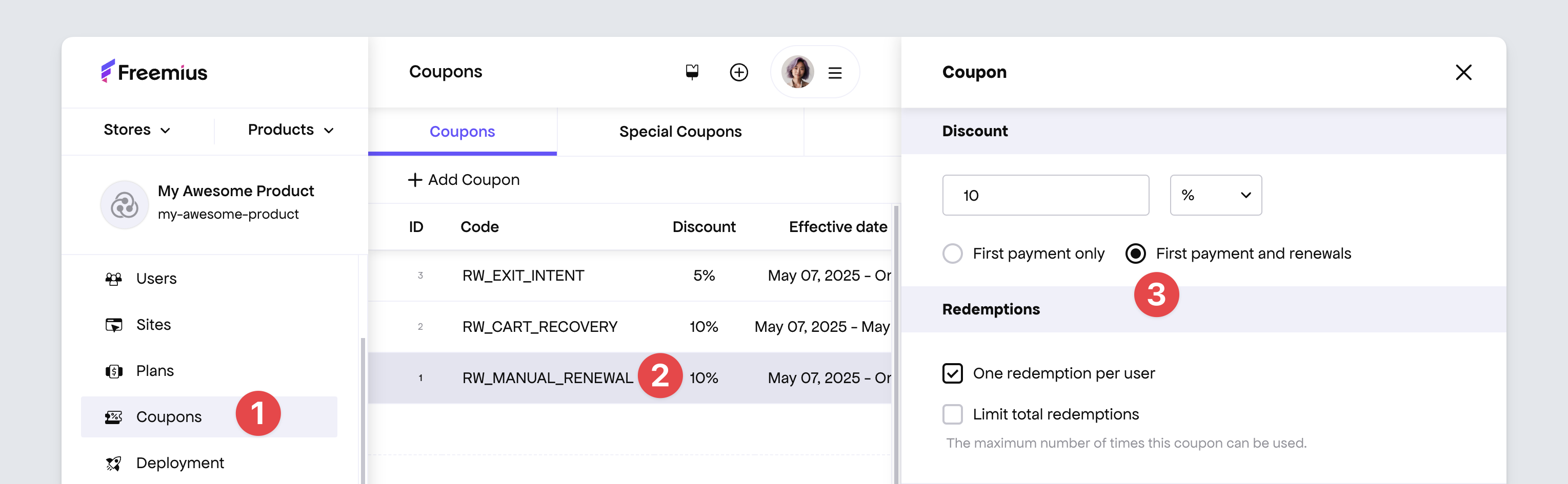 Freemius Developer dashboard coupons edit to have discounts on all payments including renewals