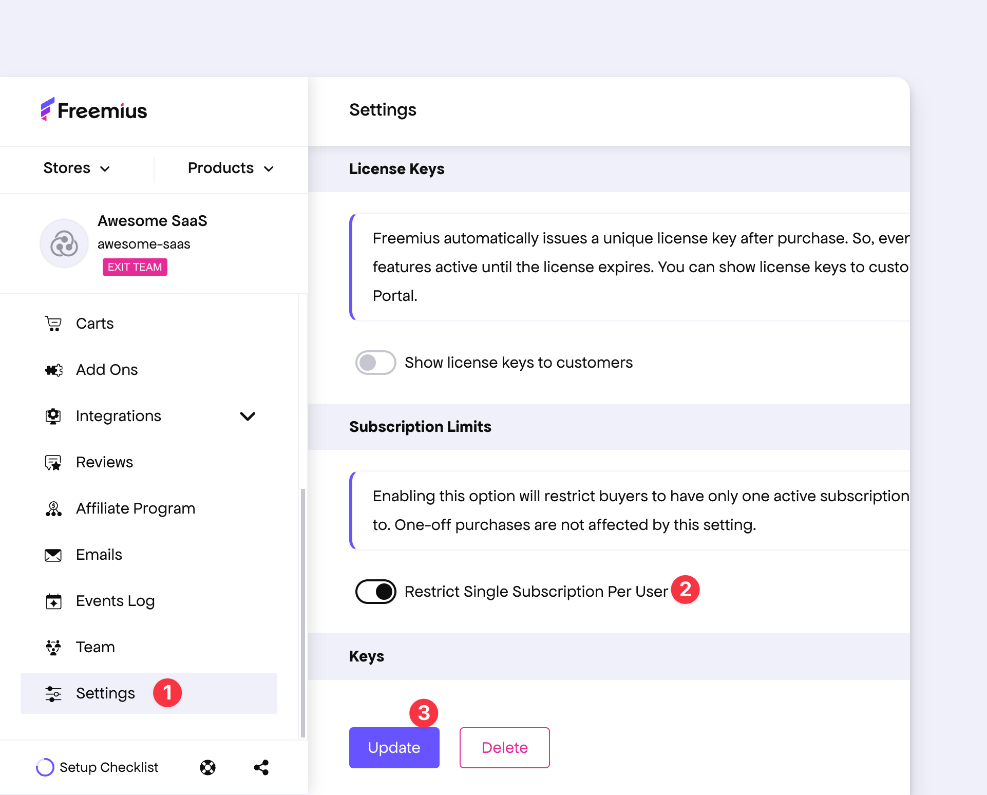 Freemius SaaS One Subscription Per User Restriction Config