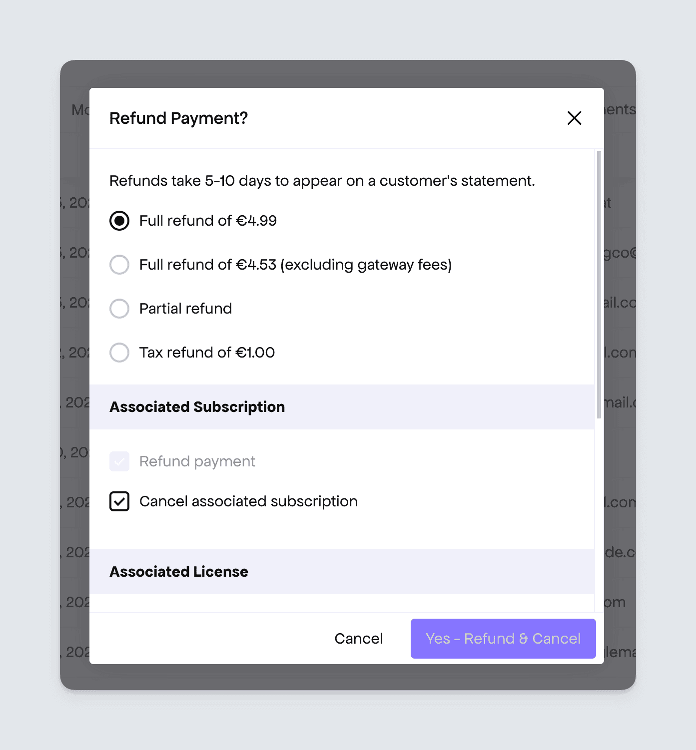 Freemius developer dashboard payments refund popup dialog box
