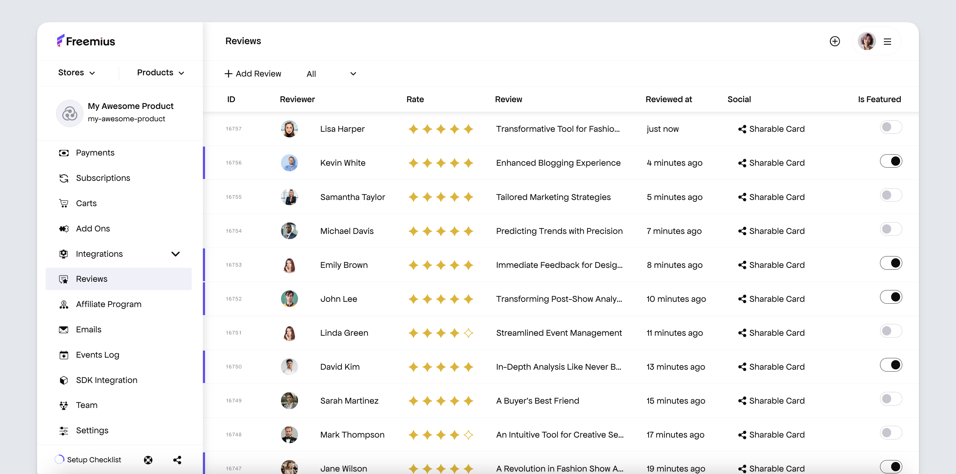freemius developer dashboard list of reviews