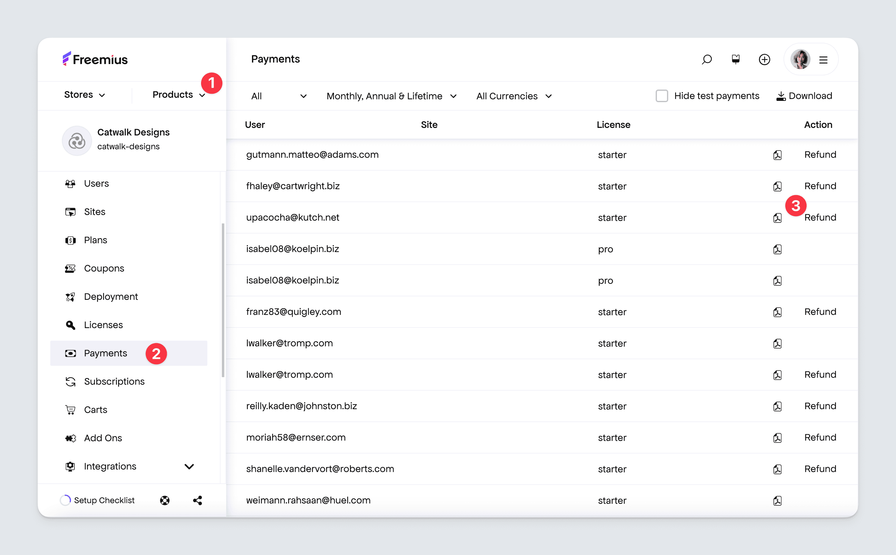 Freemius developer dashboard - Refund button on payments page