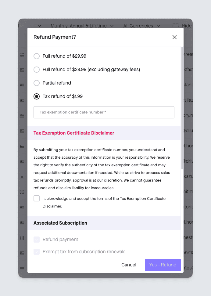 Freemius developer dashboard US sales-tax refund payments popup