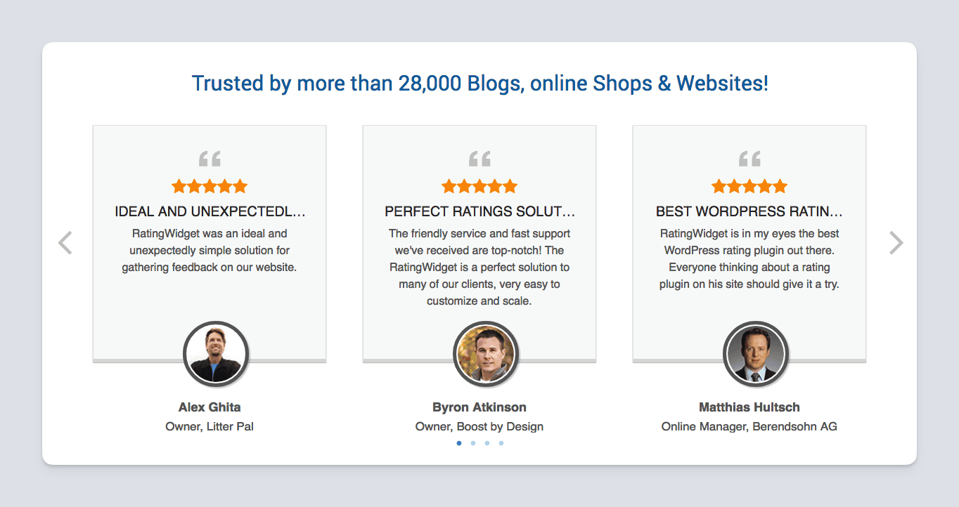 Freemius in-dashboard Reviews carousel with 3 panels showing star rating, review and customer profiles