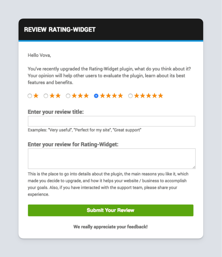 Freemius mail after purchase software review request received by the customer