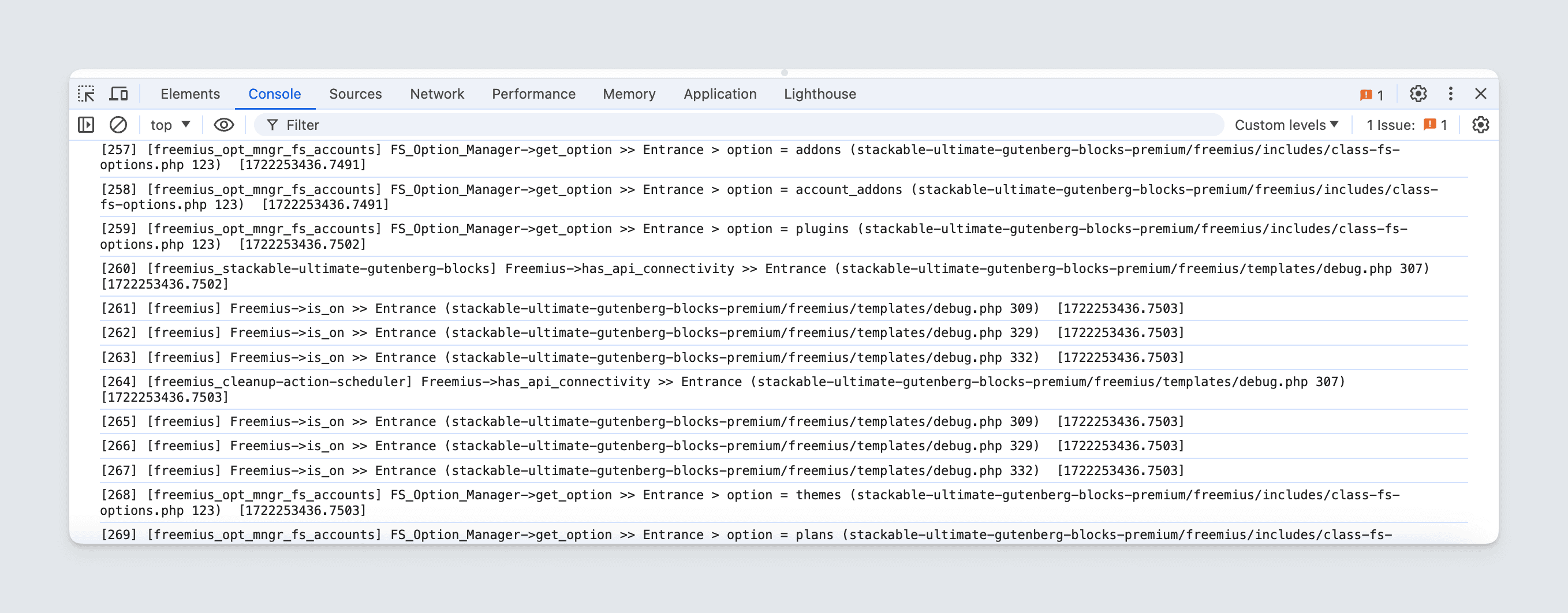 Freemius SDK - Development mode showing developers browser console logging