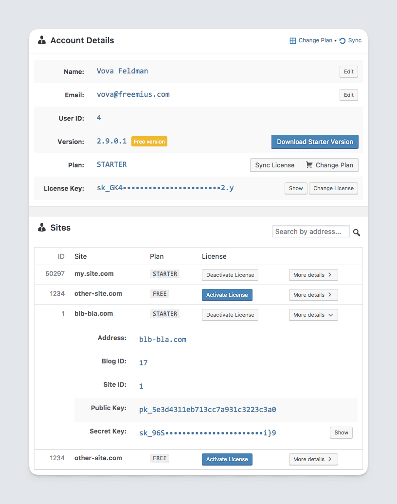 Freemius SDK - manage network licenses in the WP admin account page