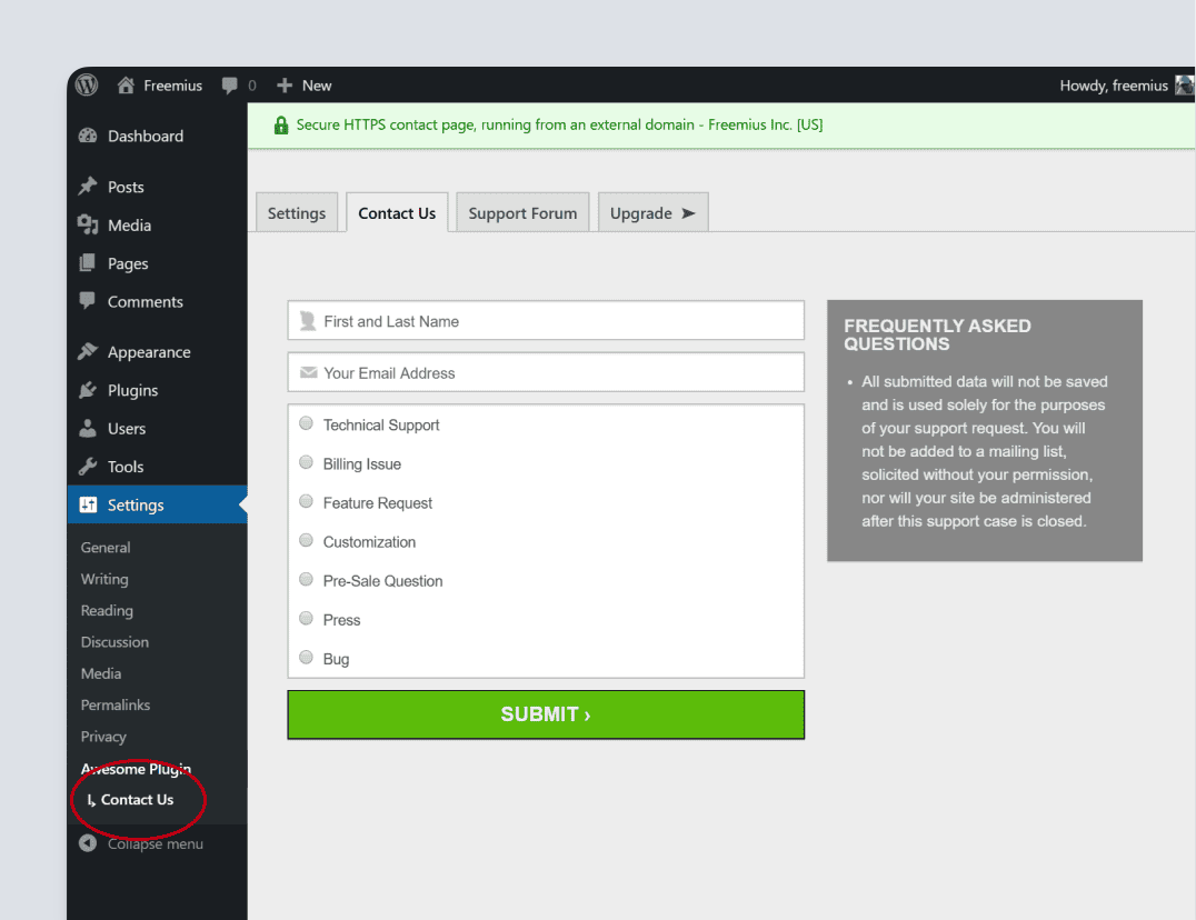 Freemius SDK - Freemius pages Tabs navigation with the contact us page