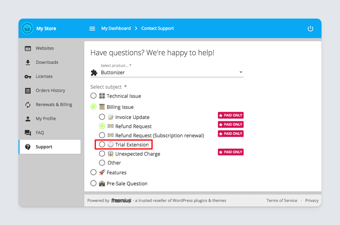 Freemius Customer Portal - Contact Form Free Trial Extension