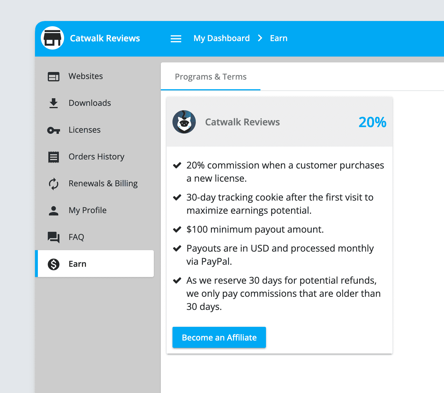 Freemius customer portal - showing the become an affiliate submission button