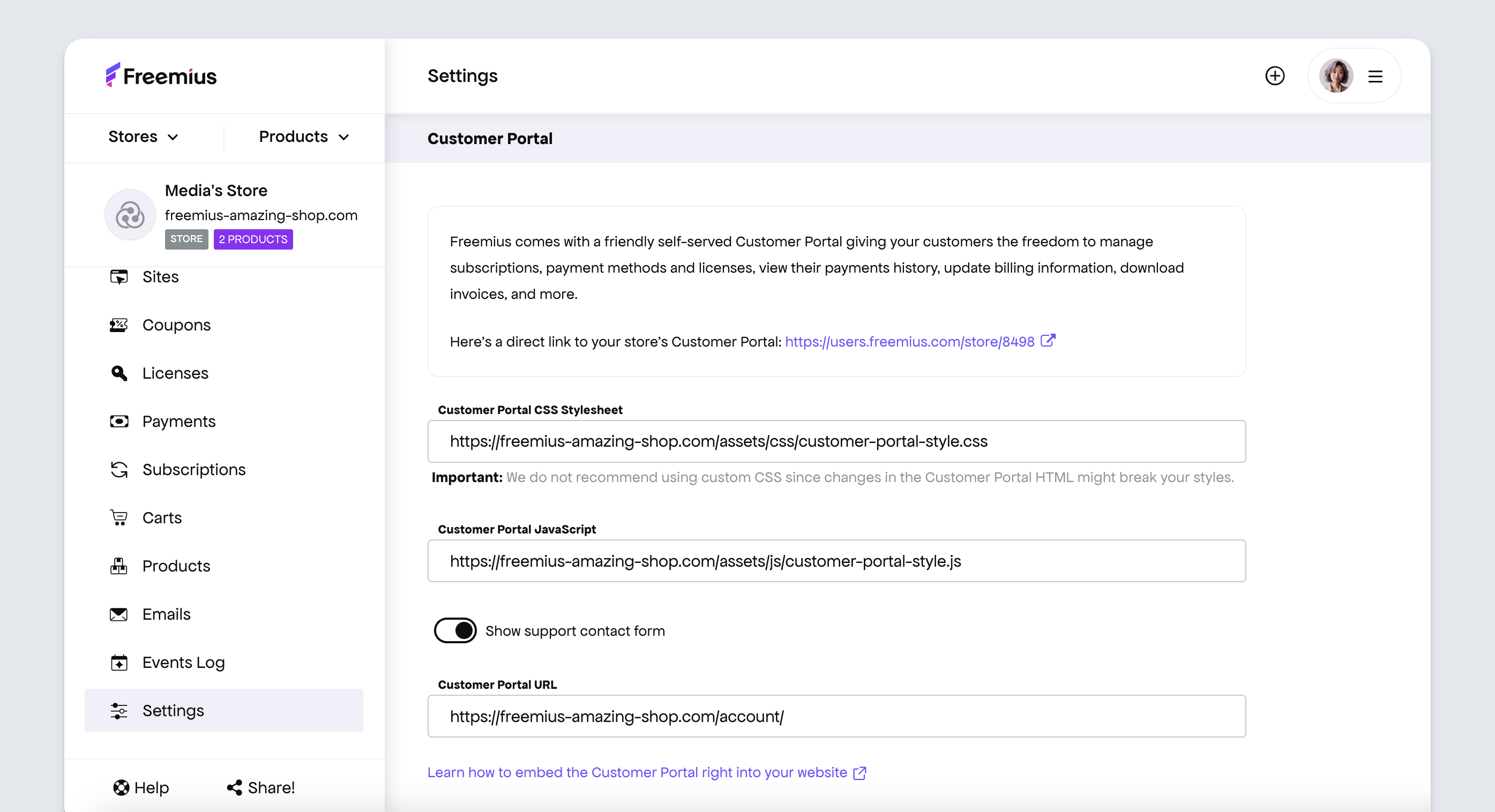 Freemius Customer Portal - Custom CSS Stylesheet URL setting