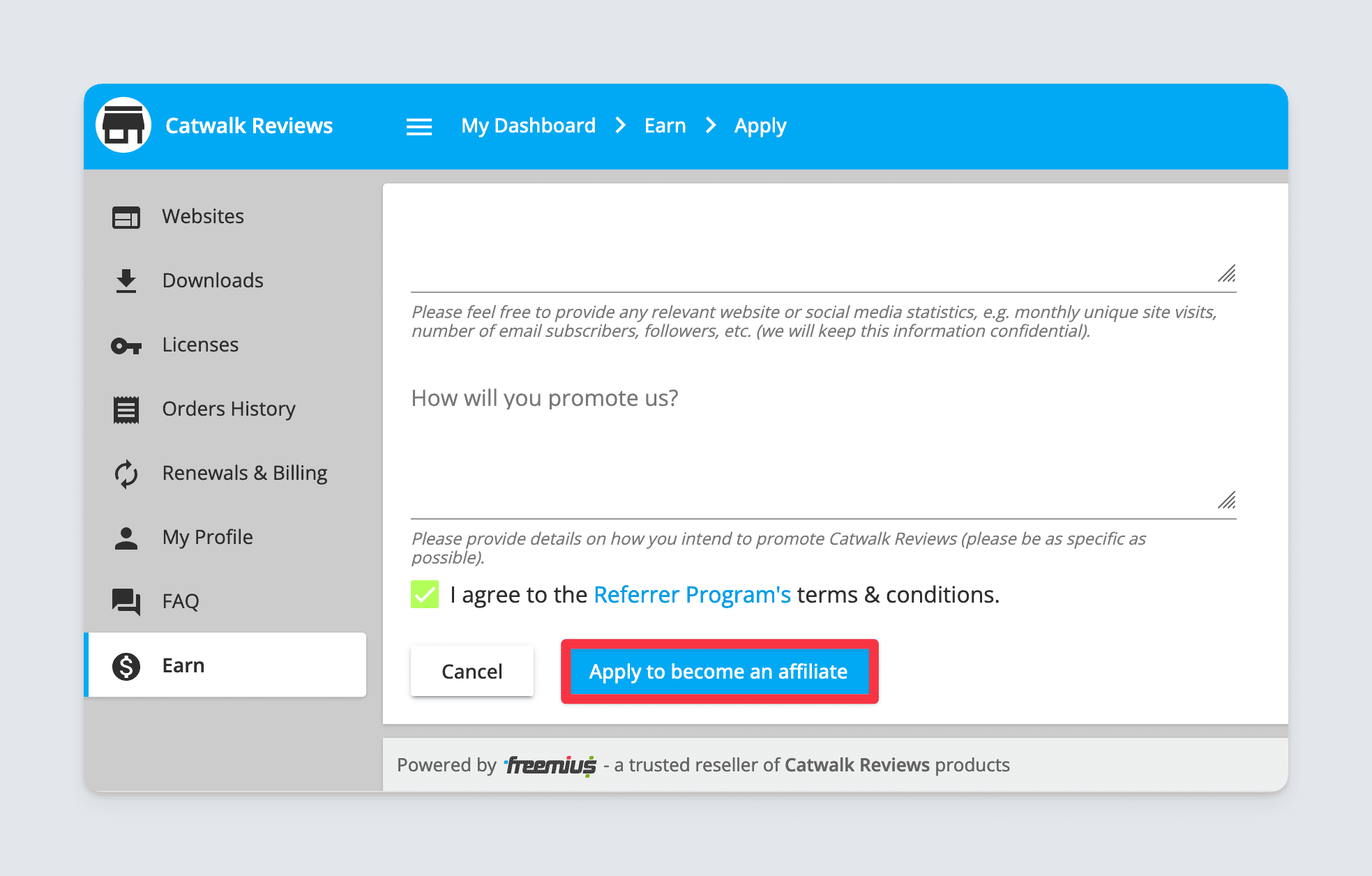 Freemius customer portal - showing the form terms agreement checkbox